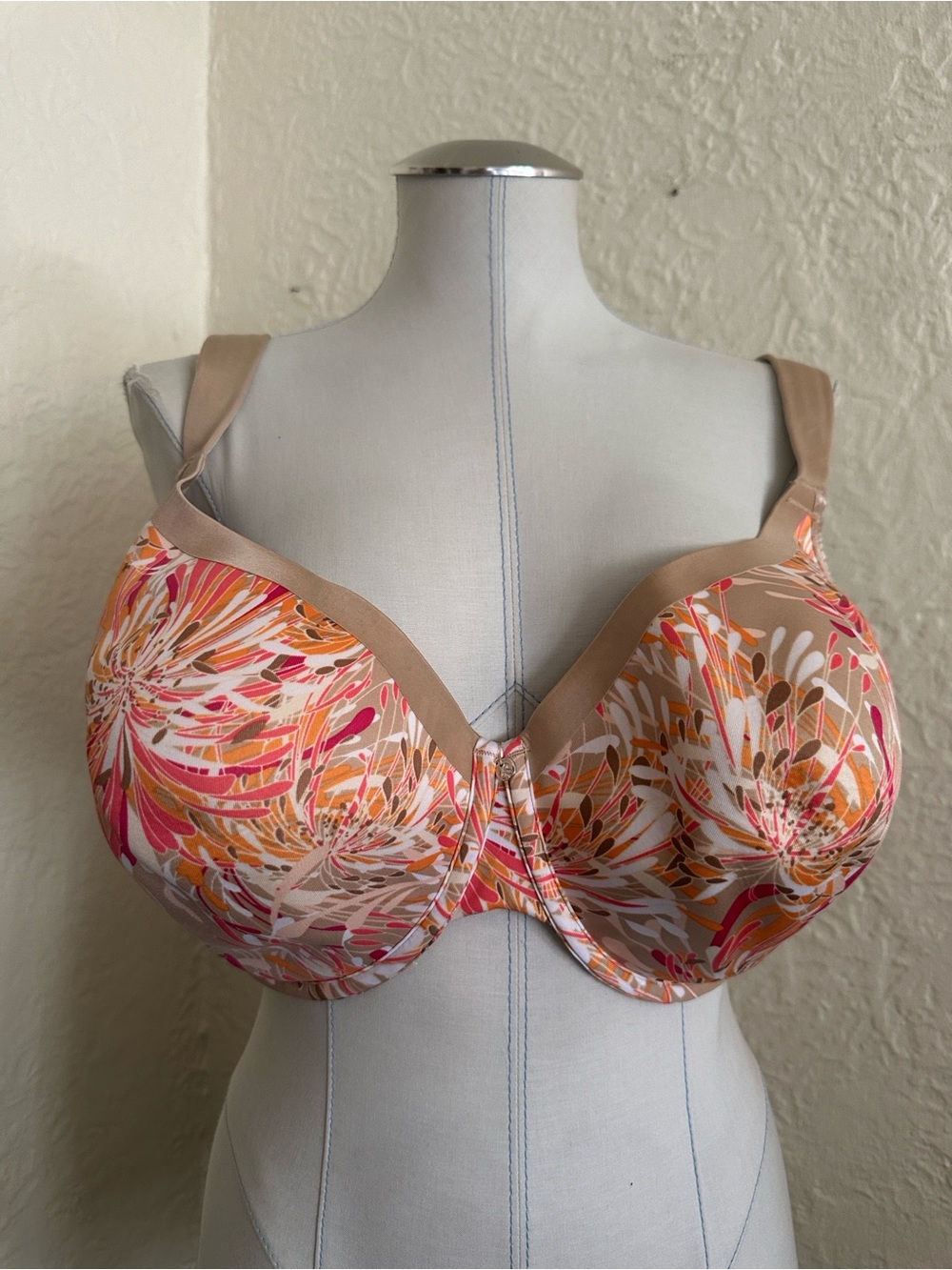 Cacique Lane Bryant Patterned Bra Tan Orange Pink Brown 38H